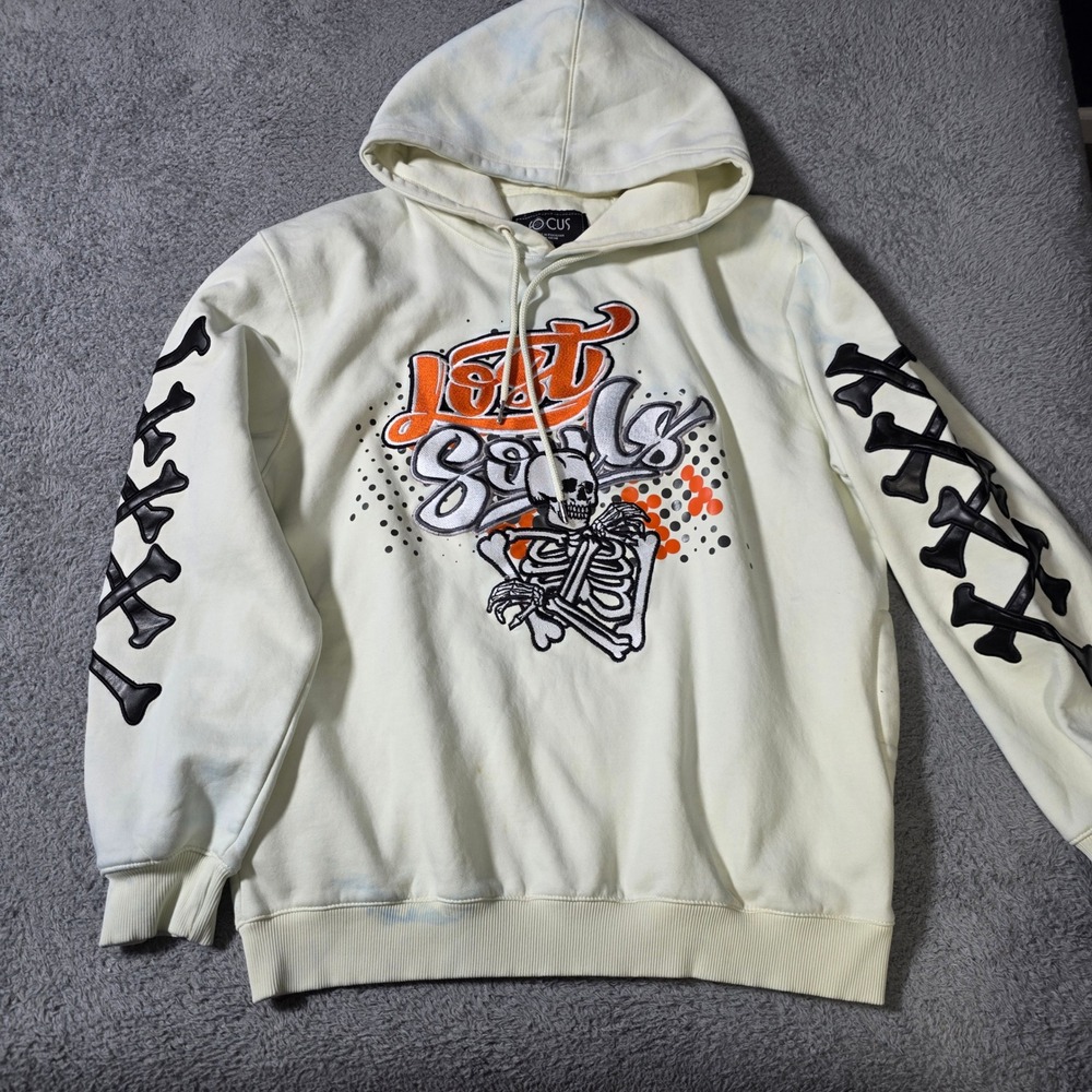Focus Mens 2XL Hoodie Off White Lost Souls Skeleton Bone Applique Streetwear